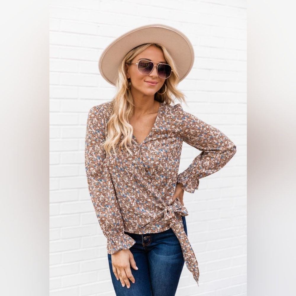 Pink Lily | brown floral wrap blouse